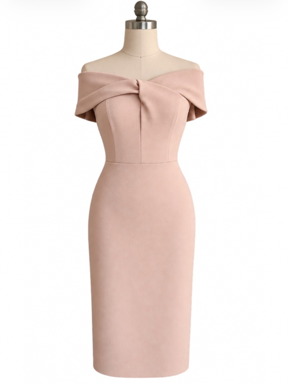 St. John Twisted Off Shoulder Milano Knit Midi Dress Nude 6 $1695